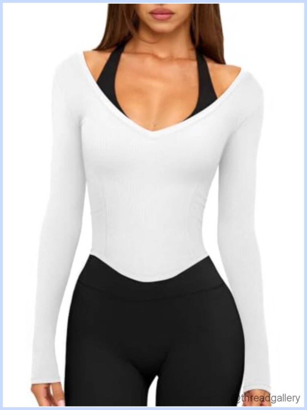 Ribbed V-Neck Crop Top Long Sleeve Workout Top